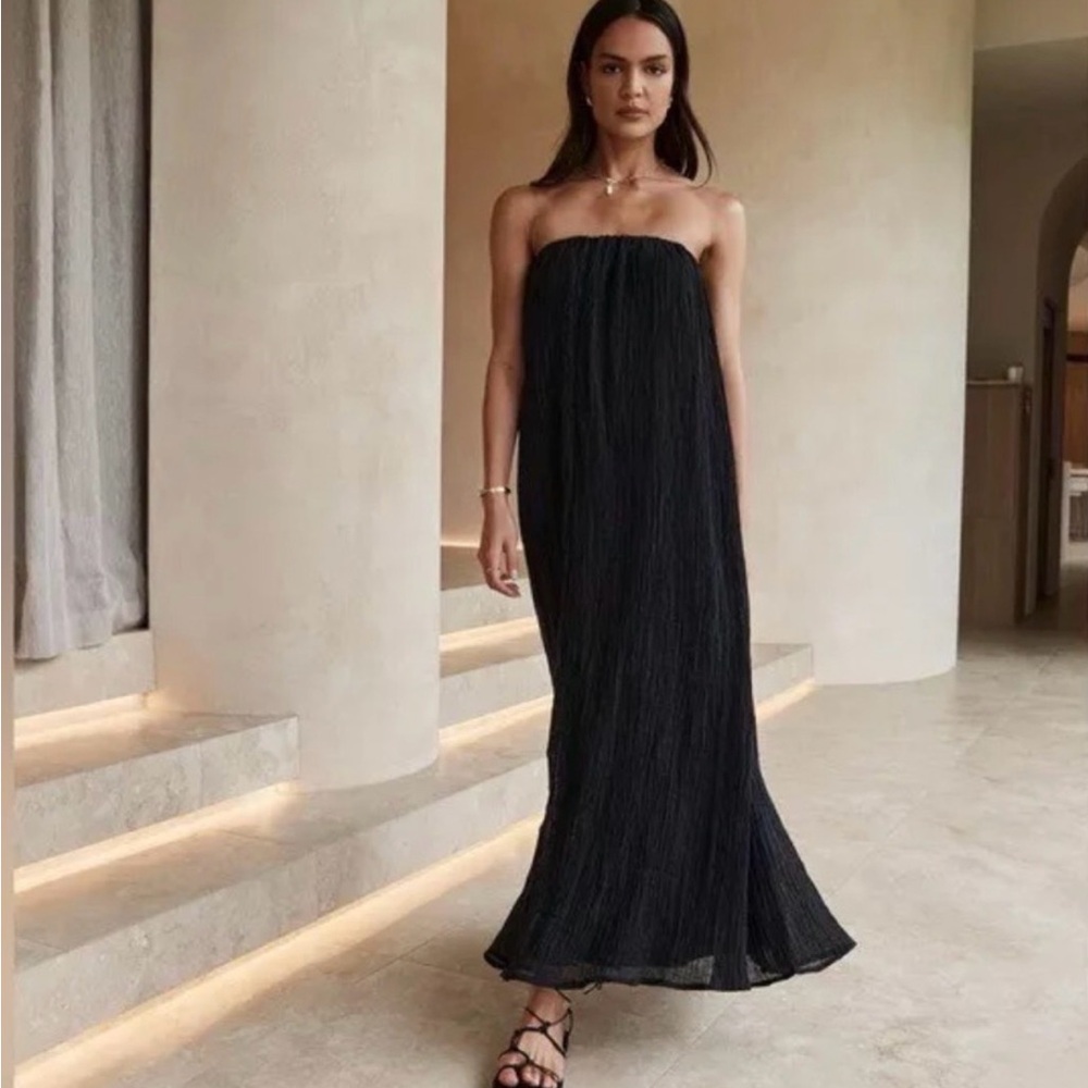 DISSH Nicol Black Strapless Maxi Dress Crinkle Linen Fully Lined Size US 8